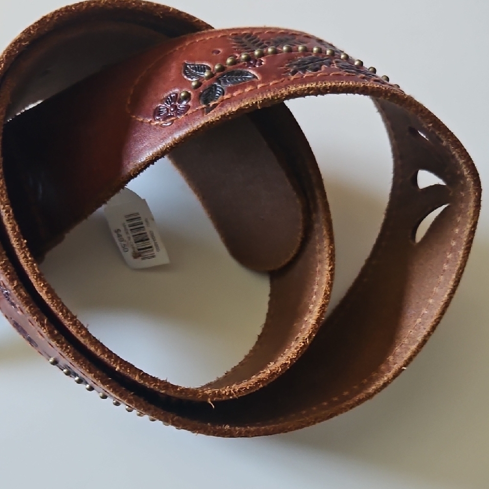 Express Tan Leather Belt with Floral Embroidery - Picture 9 of 13